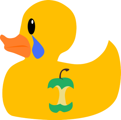 Sad looking cartoon yellow rubber duck with nf-core logo badge on its body, with a large blue tear coming out of its eye.